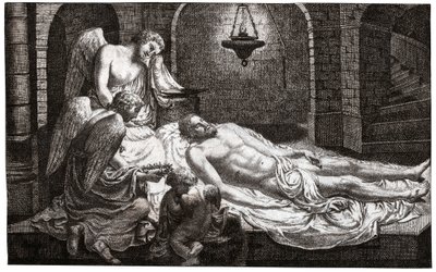 Engelen rond Jezus (gravure) door French School