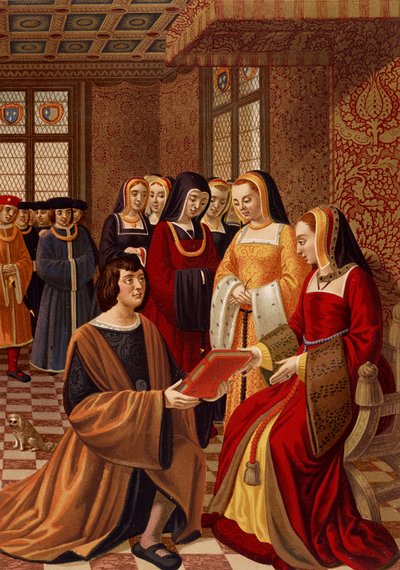 Anna van Bretagne (1477-1514) omringd door haar hofdames. Chromolithografie naar een 16e-eeuwse miniatuur. Bibliotheek van Arts Deco, Parijs door French School