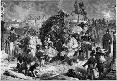 Jaarlijks feest van kleine schoorstenen in de straten van Londen, Engeland, mei 1860. Tijdens de dans ter viering van de komst van de lente, maakt een kind een quete met de toeschouwers; Gravure in 