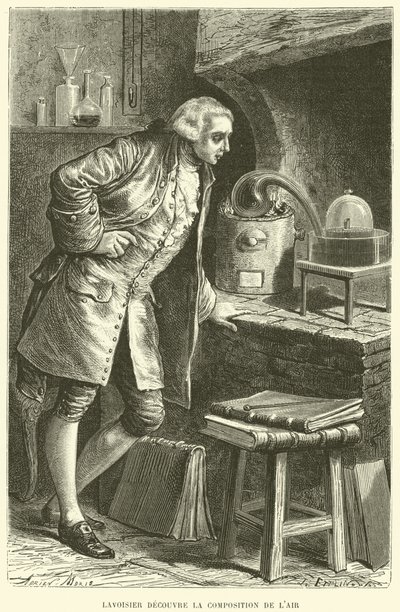 Antoine Lavoisier ontdekt de samenstelling van lucht (gravure) door French School