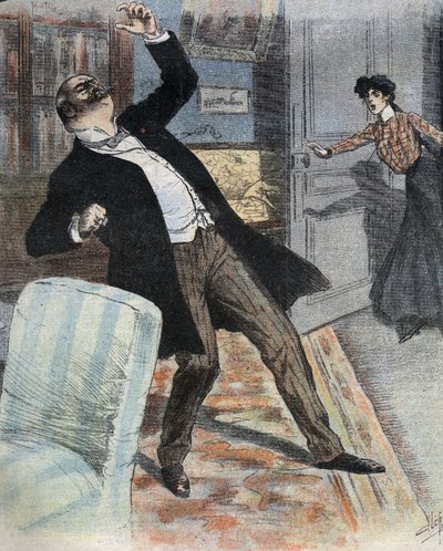 Apoplexieaanval (plotselinge stopzetting van hersenactiviteit door een ongeluk in de bloedcirculatie in de hersenen). Illustratie uit het einde van de 19e eeuw voor de roman "gogosse" door Max Villemer. door French School