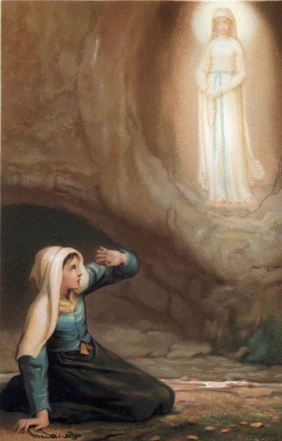 Verschijning van de Maagd Maria aan Bernadette Soubirous (1844-1879) in de grot van Lourdes, Hautes Pyrenees (65) door French School