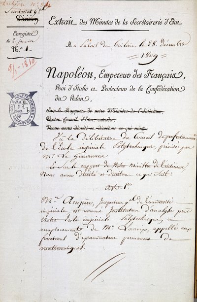 Benoeming door Napoleon van André Marie Ampère als inspecteur van Polytechnique - Verplichte vermelding: Archieven van de Bibl. de l