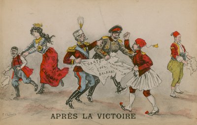 Apres La Victoire, politieke cartoon over de Balkan. Ansichtkaart verzonden op 14 juni 1913. door French School