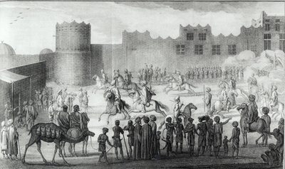 Arabische Strijders die oefenen in Jemen, uit Beschrijving van Arabië gemaakt op basis van eigen observaties en adviezen verzameld ter plaatse door Carsten Niebuhr, gepubliceerd 1774 door French School