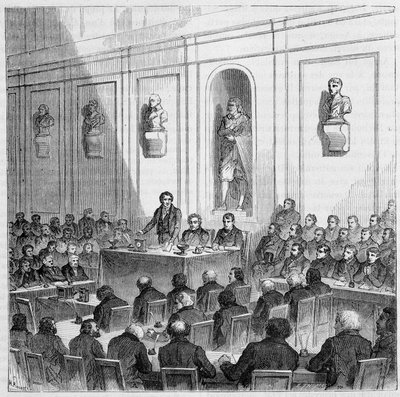 Arago kondigt de ontdekking van Daguerre aan, in de openbare zitting van de Academie van Wetenschappen van 10 augustus door French School