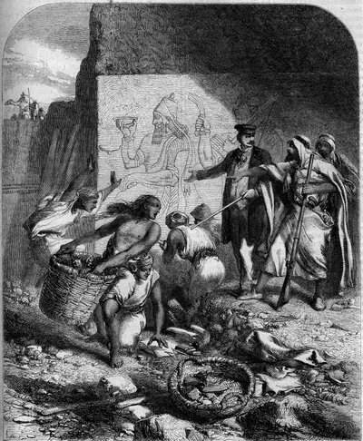 Archeologische opgravingen: ontdekte lage Assyrische reliëfs in Nemroud (Klein-Azië) door de Engelse archeoloog Austen Henri Layard door French School