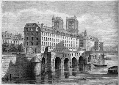 Architectuur: buitenaanzicht van het Hotel Dieu op het Ile de la Cité in Parijs, voor de sloop. Zicht vanaf de Quai de la Tournelle in 1859. Gravure in 