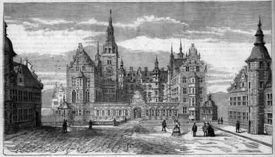 Architectuur: buitenaanzicht van het kasteel van Frederiksborg (circa 1625) in Denemarken. door French School