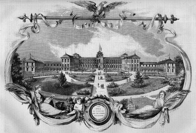 Architectuur: gevel van het ziekenhuis bekend als Keizerlijk Asiel van Vincennes voor herstellende arbeiders, ingehuldigd in 1857. Tegenwoordig het Nationaal Ziekenhuis van Saint Maurice, Saint Maurice (94). Gravure in Le Monde Illustré nr. 20 van 29 augus door French School