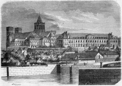 Architectuur: uitzicht op de Abdij aux Dames (rond 1060) en de Kerk van de Heilige Drie-eenheid (Romaans). Caen, Calvados (14) door French School