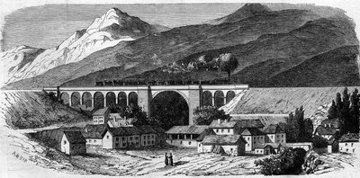Architectuur: uitzicht op het Bellegarde-viaduct (Rhone Alpes) op de spoorlijn die Lyon met Genève verbindt. 1858. Gravure in 