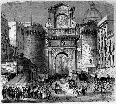 Architectuur: uitzicht op de Porta Capuana (1484) in Napels, tijdens de intocht van de troepen van de expeditie van de Duizend of de Roodhemden van Garibaldi in 1860. Gravure in 