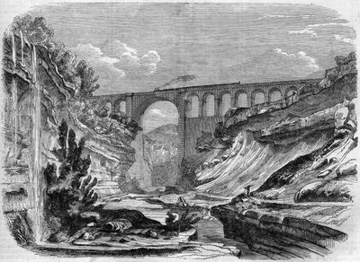 Architectuur: uitzicht op het Valserine-viaduct (Rhône-Alpes) op de spoorlijn die Lyon met Genève verbindt. 1858. Gravure in 