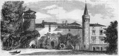 Architectuur: zicht op het kasteel van Saint Point (13e eeuw), residentie van Alphonse de Lamartine. Saone en Loire (71). Gravure in 