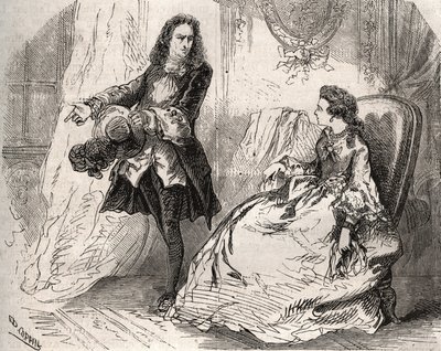 Armande Bejart (1641-1700), vrouw van Jean Baptiste Poquelin genaamd Moliere (1622-1673) met haar minnaar, de graaf van Guiche, Gravure uit 1871 in 