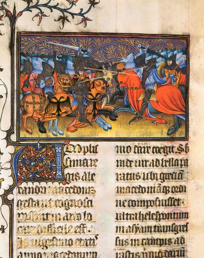 Armee vechter. Miniatuur uit het manuscript van Francesco Petrarca of Petrarch (1304-1374) Italiaanse geleerde, dichter en humanist, De Viris Illustribus, 23rv. Universiteitsbibliotheek van Valencia. door French School