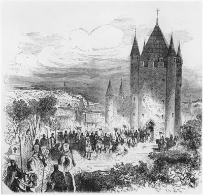 Leger van Tempeliers betreedt de Tempel in Parijs, illustratie voor een Histoire de France, midden 19e eeuw door French School