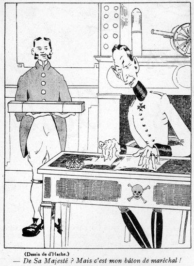 Legerofficier ontvangt een maarschalksstaf van de keizer, cartoon uit de 1 april editie van La Baionette magazine, 29 maart 1917 door French School