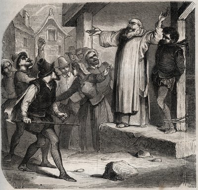 Arnaud du Tilh (Thil) is vastgebonden aan een galg en onderworpen aan de beledigingen van de menigte voor zijn executie wegens het usurperen van de identiteit van Martin Guerre (circa 1524 rond 1560). Gravure uit 1871 in 