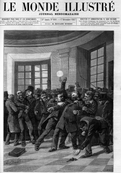 Arrestatie van Aubertin na zijn poging tot aanslag op Jules Ferry in het Palais Bourbon in 1887. Omslag van 