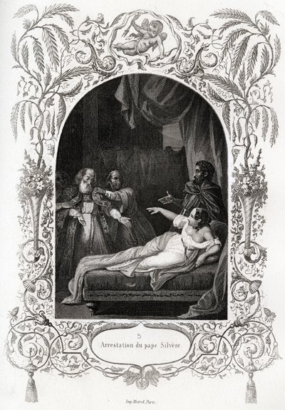 Arrestatie van paus Silvere (Silverio) (Paus van 536 tot 537). Gravure ter illustratie van Geschiedenis van de pausen door Maurice Lachatre (1814-1900), librairie du progres, Parijs. door French School