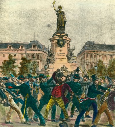 Arrestatie van afgevaardigde Pierre Baudin (1863-1917) tijdens een demonstratie op 1 mei op de Place de La Republique in Parijs door French School
