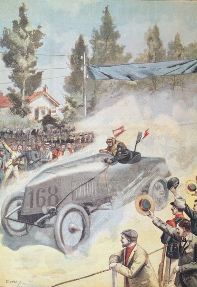 Aankomst in Bordeaux van de winnaar van de race van Parijs naar Madrid, uit Le Petit Journal, 1903 door French School