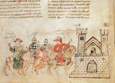 Aankomst van ambassadeurs bij het kasteel van Koning Arthur, uit de Roman de Meliadus door French School