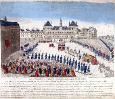 Aankomst van Lodewijk XVI bij het Stadhuis van Parijs op 17 juli 1789 - gravure door French School