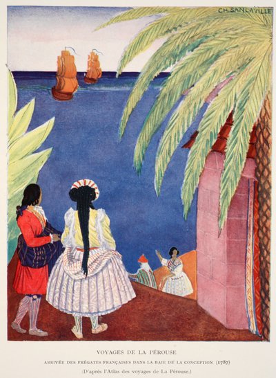 Aankomst van de Franse fregatten in de Baai van Conception, Voyages of Perouse, kopie door M. Charles Sanlaville (fl.1920-30), illustratie uit Histoire de la Nation Francaise door Gabriel Hanotaux (1853-1944), 1924 door French School