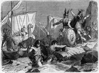 Aankomst van de Noormannen aan de Franse kust in de Middeleeuwen. Gravure in 