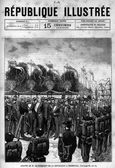 Aankomst van de president van de republiek Jules Grevy (1807-1891) bij de vieringen in Cherbourg. Een krant. Gravure uit 1880 in 