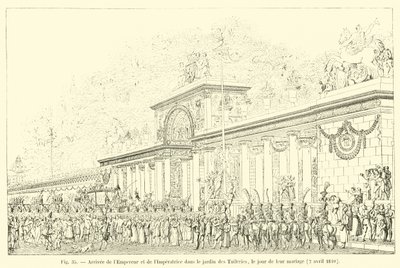 Aankomst van de Keizer en de Keizerin in de tuin van de Tuilerieën, op hun huwelijksdag, 2 april 1810 door French School