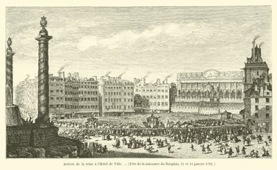 Aankomst van de koningin in het stadhuis, feest van de geboorte van de Dauphin, 21 en 23 januari 1782 door French School
