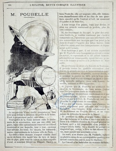 Artikel en cartoon over Eugene Poubelle (1831-1907), prefect van de Seine en uitvinder van vuilnisbakken in 1884. 10/04/1885. Parijs, politieprefectuur door French School