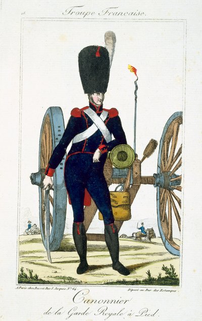 Artillerist van de Koninklijke Wacht met een kanon, uit Troupes Francaises, uitgegeven bij Basset, Parijs door French School