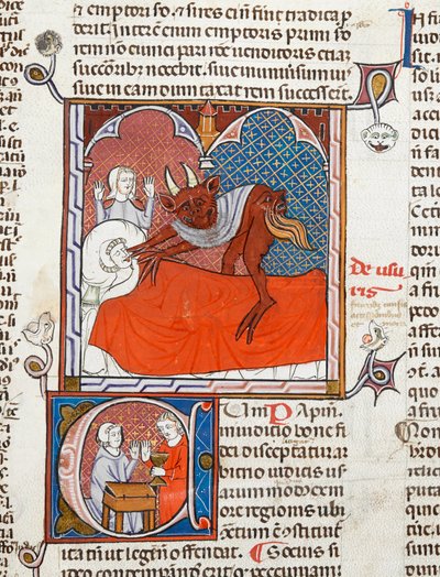 Een duivel of demon op het bed van een dode persoon, illustratie uit Digestum Vetus met gloss ordinaria, door Justinianus, c.1300-10 door French School