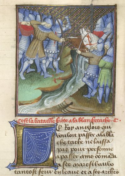 Middeleeuwse soldaten vechtend, over een rivier, uit Chroniques d