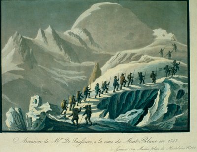 Beklimming van de heer De Saussure naar de top van Mont Blanc in 1787, uit A Narrative of an Ascent to the Summit of Mont Blanc door Charles Fellows (1799-1860), gepubliceerd 1827 door French School