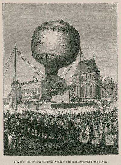 Opstijging van een Montgolfierballon (van een gravure uit de periode) door French School
