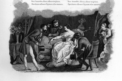 Asmodee. Een mooie jonge vrouw in een woonkamer wordt het hof gemaakt door drie vrijers, waaronder een dandy en een soldaat. Gravure in 