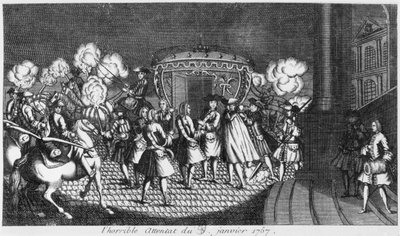 Moordaanslag op Koning Lodewijk XV (1710-74) door Robert François Damiens op 5 januari 1757 door French School