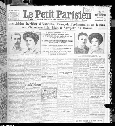 Moord op aartshertog Franz Ferdinand van Oostenrijk (1863-1914) en zijn vrouw, uit Le Petit Parisien, 29 juni 1914 door French School