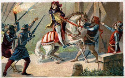 Moord op Etienne Marcel, rijke drapier en Prévôt des kooplieden (1316-1358) door de schepen Jean Maillart, een van de leiders van de royalistische partij, in juli 1358. Chromolithografie van het einde van de 19e eeuw. door French School