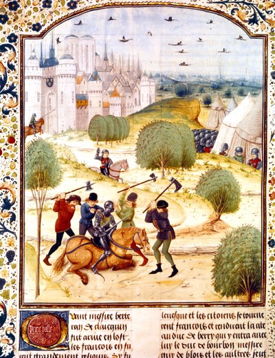 Moord op een Engelse ridder buiten Parijs in 1437 (100-jarige oorlog) verluchting uit Chronicles of England geschreven door Jean de Wavrin door French School