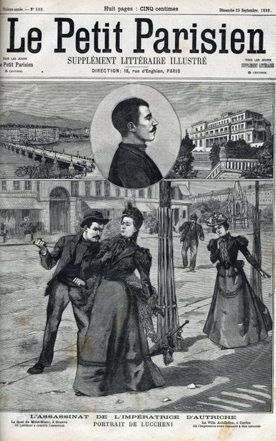Moord op keizerin Elisabeth van Oostenrijk (Sissi) door de Italiaanse anarchist Luccheni in Genève in 1898. Omslag van 