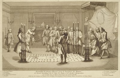 Vergadering van Vrijmetselaars voor de initiatie van een meester, uit De Ceremonies van Religie en Gewoonte c.1733 door French School