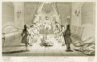 Vergadering van Vrijmetselaars voor de initiatie van een meester, uit De Ceremonies van Religie en Gewoonte, c.1733 door French School