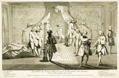 Vergadering van Vrijmetselaars voor de initiatie van een meester, de binnenkomst van de kandidaat in de loge, uit De Ceremonies van Religie en Gewoonte, c.1733 door French School